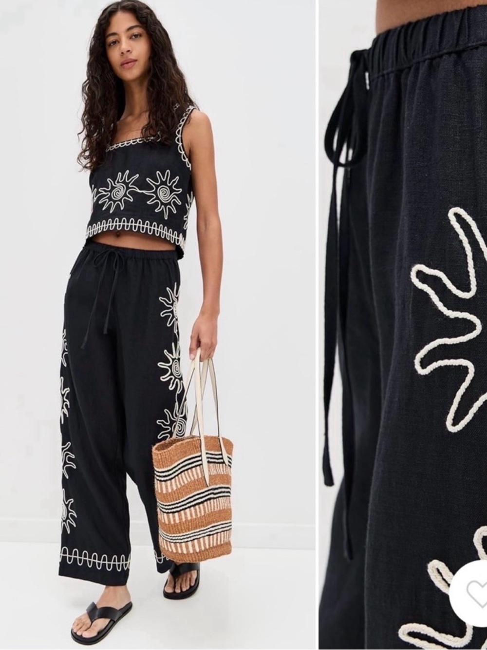 Rails x L Space Black Tank Top and Pants with White Sun Embroidery Linen Set